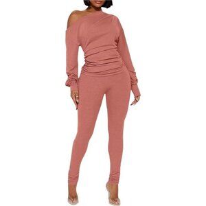 2 Piece Outfits for Women One Off Shoulder Tops Ribbed Pant Set Tracksuit